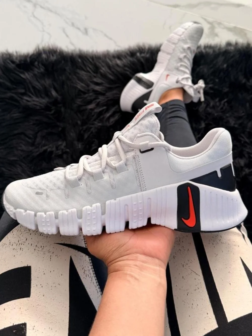 Nike Free Metcon 5 White Athletic Sneakers with Bright Crimson & Black Accent